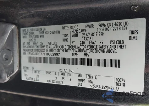 2015 Ford Escape S from USA, damaged, VIN 1FMCU0F77FUC02997